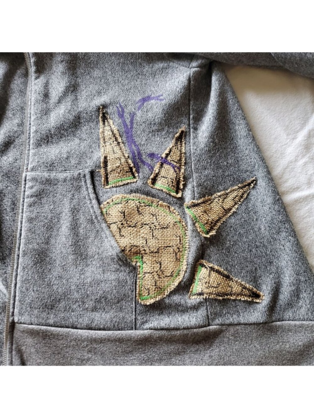 American Apparel Gray Zip Hoodie Burlap Sunburst Sun Ray Patchwork Size L Large - Picture 11 of 12